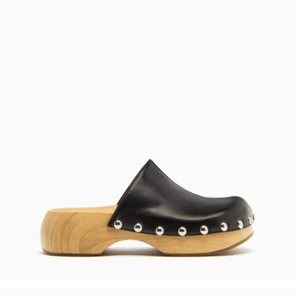 NWOT  NEW ZARA WOMEN WOODEN STUDDED BLACK LEATHER CLOGS MULE SLIPPERS SIZE 37 - Picture 3 of 16
